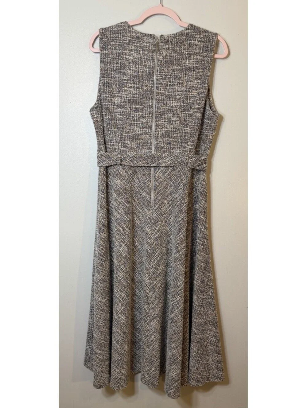 Calvin Klein Tweed Dress Sz 14 Women’s Sleeveless Tie Waist Belted A Line Midi